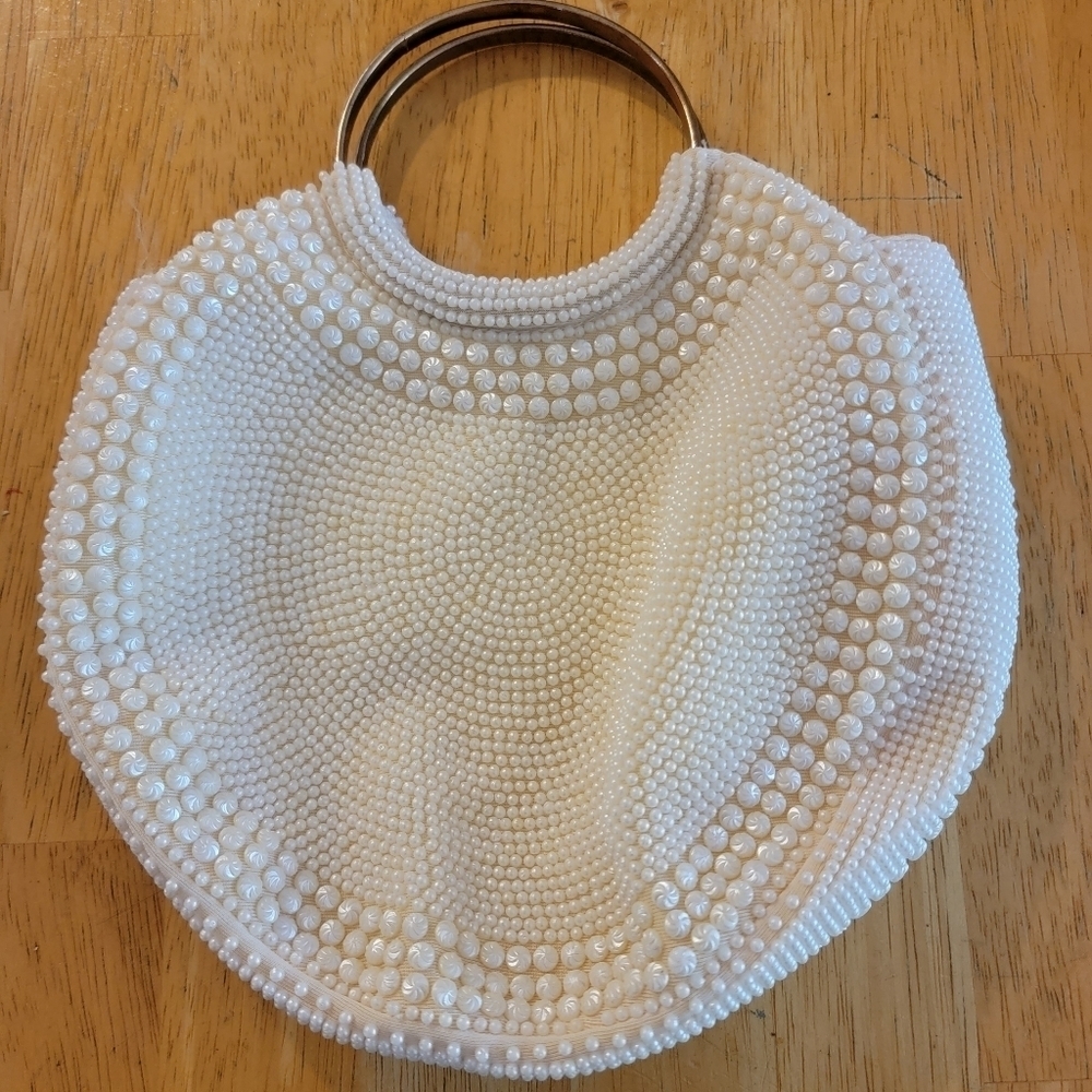 Vintage 60's Beaded Purse Evening Bag Clutch White Off-White Satin Interior - Picture 5 of 7